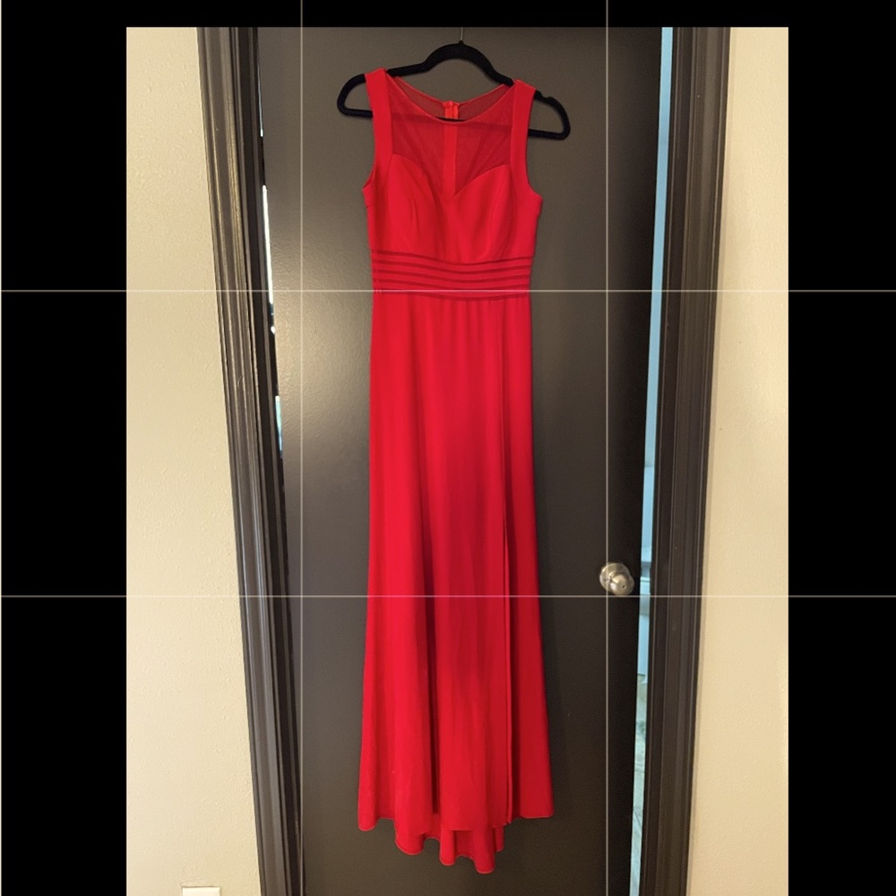 Floor length prom/formal RED dress, size 6, stretchy material with mesh cut outs